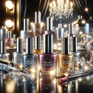 DALL·E 2024 04 27 08.01.00 A luxurious and sparkling image showcasing the Chrome Platinum Glitter Gel Nail Polish collection. The scene should feature several bottles of nail po 1