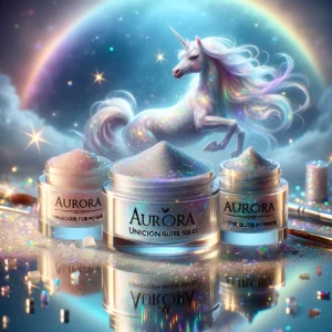 DALL·E 2024 04 27 08.04.46 A captivating and enchanting image showcasing the Aurora Unicorn Series Glitter Powder for nails. The scene features several containers of ultrafine g 1