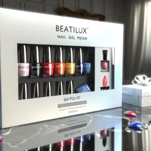 DALL·E 2024 04 27 08.12.42 A luxurious and artistic display of the Beautilux Nail Gel Polish Kit showcasing six bottles of vibrant and glossy gel nail polish in a sophisticated 1