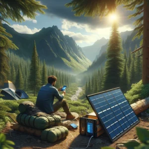 DALL·E 2024 04 28 06.47.56 A realistic outdoor scene featuring the Outdoor Multifunctional Portable Solar Charging Panel. The image should depict a camper using the foldable sol 1