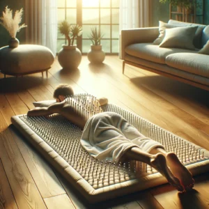 DALL·E 2024 04 28 06.56.26 A calming and therapeutic scene showing the Shakti Acupressure Massage Mat in use. The image should depict a person lying on the mat in a serene indoo 1
