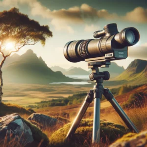 DALL·E 2024 04 28 07.00.42 A scenic outdoor setting featuring the F9308B Telescope Spotting Scope on its tripod aimed towards a picturesque landscape. The scene should depict a 1