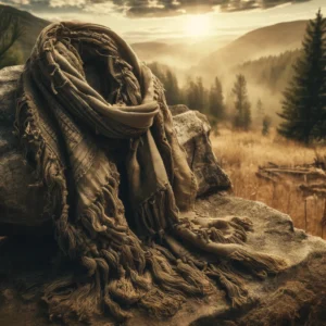DALL·E 2024 04 28 07.36.13 A rugged and practical display of the Tactical Hunting Scarf shown in a natural outdoor setting. The scarf should be depicted draped over a rock or h 1