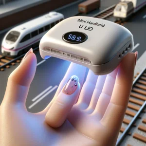 DALL·E 2024 04 28 07.40.04 A realistic and detailed image of the Mini Handheld UV Led Lamp for nails. The image should show the lamp being used on a hand highlighting its compa 1