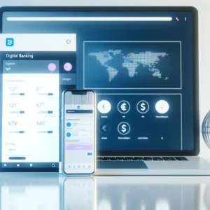 DALL·E 2024 04 28 19.08.32 A modern and sleek design of a digital banking interface displayed on a smartphone and laptop. The image should show screens of a banking app with fea 1 14