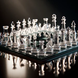 DALL·E 2024 04 28 20.48.56 A luxurious and elegant crystal chess set displayed on a sophisticated glass chess board. The chess pieces should be clear and frosted capturing ligh 1