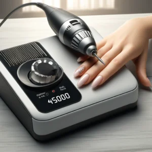 DALL·E 2024 04 29 06.24.05 A high tech nail drill machine with an RPM of 45000 displayed in a modern and professional setting. The machine should appear sleek and portable ide 1