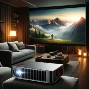 DALL·E 2024 04 29 06.30.47 A modern living room setting with the Magcubic Projector HY300 PRO displaying a vibrant and sharp image on a large screen. The room should be dimly li 1