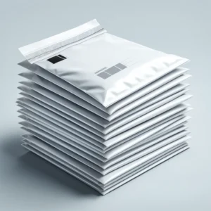 DALL·E 2024 04 29 06.38.23 A detailed and realistic image of a stack of white courier bags. The bags should be shown as glossy and sturdy with a visible self sealing strip. The 1
