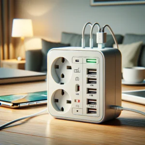 DALL·E 2024 04 29 06.43.22 A realistic image of the LENCENT wall socket extender featuring 3 AC outlets 3 USB ports and 1 Type C port. The device should appear plugged into a 1