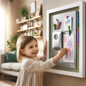 DALL·E 2024 04 29 08.03.14 A cheerful scene in a cozy living room where a child is hanging a colorful drawing into a magnetic changeable frame on the wall. The frame is stylish 1