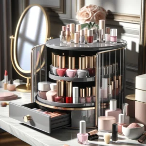 DALL·E 2024 04 29 08.17.35 A stylish and modern rotating cosmetics storage box filled with various beauty products like nail polishes lipsticks and skin care items. The box is 1