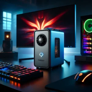 DALL·E 2024 04 29 08.20.41 A modern and compact gaming setup featuring the FIREBAT T8 Pro Plus Mini PC on a sleek desk. The Mini PC is shown prominently highlighting its stylis 1