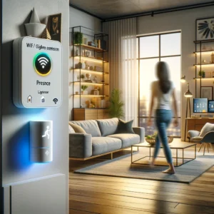 DALL·E 2024 04 29 08.42.01 A modern home environment showcasing a WiFi Zigbee Smart Human Presence Sensor in action. The sensor is placed in a living room subtly integrated i 1