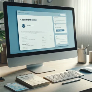 DALL·E 2024 04 29 19.59.57 A serene home office setup with a computer displaying a customer service webpage. The scene is calm and organized symbolizing a peaceful approach to 1