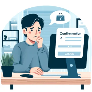 DALL·E 2024 04 29 20.31.27 An illustration for a blog post about online shopping issues featuring a person sitting at a computer looking slightly worried but hopeful. The comp 1