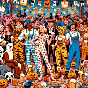 DALL·E 2024 04 29 20.59.18 A lively and colorful illustration of a Halloween and Oktoberfest themed party scene. The image features people of various genders wearing humorous an 1