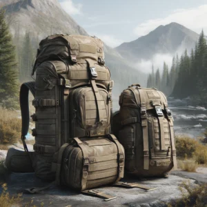 DALL·E 2024 04 30 06.51.31 A realistic and engaging image of a Lawaia Trekking Backpack in a rugged outdoor setting showcasing both the 30L and 50L models. The backpacks should 1