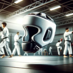 DALL·E 2024 04 30 06.54.56 A dynamic and realistic image of a Kick Boxing Helmet suitable for Karate and Muay Thai. The helmet should be featured in a training environment per 1