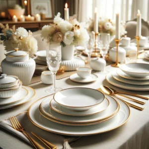 DALL·E 2024 04 30 06.58.39 A sophisticated and elegant image of white ceramic plates with gold rims Phnom Penh style beautifully arranged on a dining table. The setting shoul 1