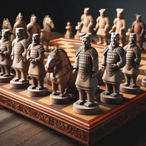 DALL·E 2024 04 30 07.02.45 A beautifully crafted image of a vintage chess set featuring the Terracotta Warriors as chess pieces. The chessboard should be made of wood with intri 1