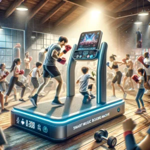 DALL·E 2024 04 30 07.06.21 A dynamic and engaging image of a Smart Music Boxing Machine in use. The scene should show a diverse group of people including kids and adults energ 1
