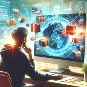 DALL·E 2024 05 01 14.16.55 A conceptual digital artwork showing a person sitting at a computer visibly concerned interacting with a digital global marketplace on the screen. T 1