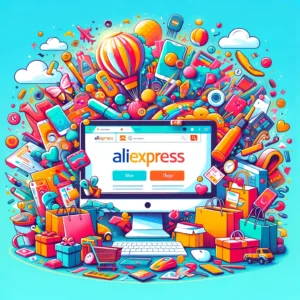 DALL·E 2024 05 01 21.35.27 A vibrant digital illustration depicting a diverse range of products such as electronics fashion items and home accessories floating around a comput 1