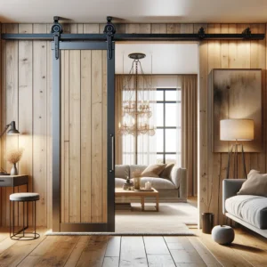 DALL·E 2024 05 02 04.07.27 A stylish interior setting featuring a bi folding sliding barn door with heavy duty roller track hardware installed. The scene should capture a modern 1