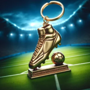 DALL·E 2024 05 02 04.12.28 A detailed and realistic illustration of a miniature Golden Boot soccer trophy keychain. The keychain should be depicted as a detailed metal replica o 1