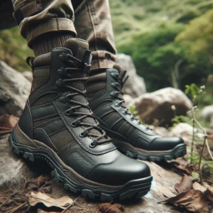 DALL·E 2024 05 02 04.16.58 A rugged and stylish pair of mens tactical military combat boots. The boots should be depicted in an outdoor setting perhaps on rocky terrain or ami 1
