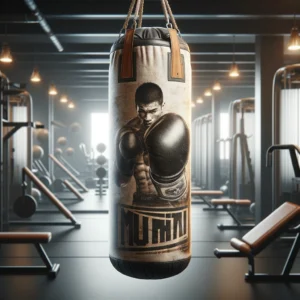 DALL·E 2024 05 02 04.23.13 A realistic and dynamic image of a Muay Thai boxing bag hanging in a gym setting. The bag should be made of durable canvas showing signs of use such 1