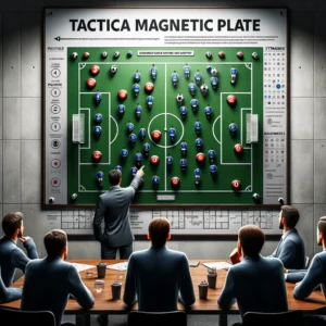 DALL·E 2024 05 02 04.29.33 A realistic and detailed illustration of a tactical magnetic plate for soccer strategy. The plate should be wall mounted in a coaching room displayin 1