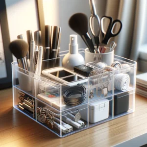 DALL·E 2024 05 02 04.50.56 A realistic image of a transparent plastic storage box neatly organizing various items such as cables stationery makeup keys and jewelry. The box 1