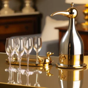 DALL·E 2024 05 02 04.54.54 A sophisticated home bar setup featuring a gold and silver Duckbill wine dispenser set on an elegant table. The setting includes matching shot glasses 1