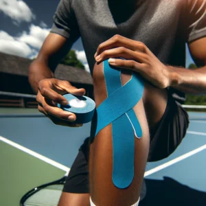 DALL·E 2024 05 02 05.00.04 A dynamic sports scene showing an athlete applying waterproof kinesiology tape on their knee. The setting is an outdoor tennis court emphasizing the 1