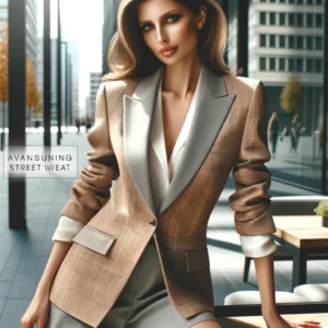 DALL·E 2024 05 02 05.03.34 A sophisticated woman in a business setting wearing a trendy spring autumn blazer. The blazer should be tailored and stylish projecting a sense of a 1