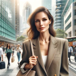 DALL·E 2024 05 02 05.10.17 A sophisticated businesswoman in a bustling city street wearing a tailored khaki blazer from the new spring autumn collection. The scene should depic 1