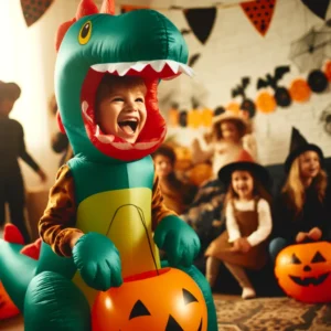 DALL·E 2024 05 02 05.17.21 A joyful scene of a child in a dinosaur inflatable costume at a Halloween party. The child is playing joyfully among other kids who are also dressed i 1