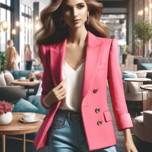 DALL·E 2024 05 02 05.20.02 A stylish and vibrant scene featuring a woman wearing a pink blazer part of the new spring autumn collection. She is in a modern urban environment p 1