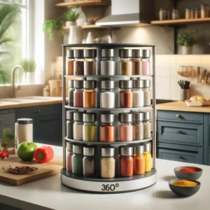 DALL·E 2024 05 02 05.23.12 A modern and organized kitchen scene featuring the 360° Rotation Spice Rack Organizer on a kitchen counter. The rack should be filled with various col 1