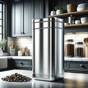 DALL·E 2024 05 03 06.45.34 A sleek and modern kitchen setting featuring a stainless steel airtight coffee container prominently displayed on a kitchen counter. The container sho 1
