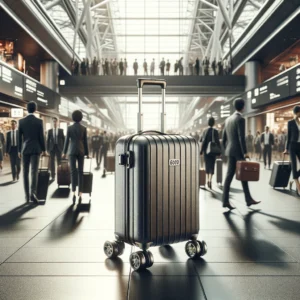 DALL·E 2024 05 03 06.48.46 A sophisticated travel scene featuring the 6069 Trolley case in a busy airport setting. The image should highlight the sleek design and robust constru 1