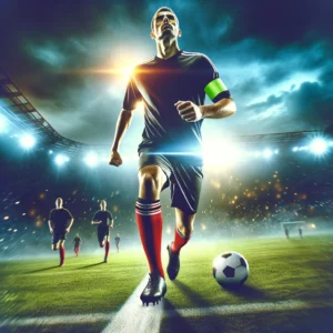 DALL·E 2024 05 03 07.00.35 A dynamic and inspirational sports scene showing a soccer player wearing the Professional Football Captain Armband leading his team on the field. The 1