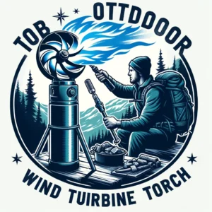 DALL·E 2024 05 03 07.03.36 A robust outdoor scene depicting a person using the JOBON outdoor wind turbine torch. The torch should be clearly visible emitting a large blue flame 1