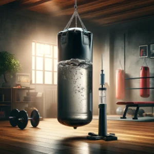 DALL·E 2024 05 03 07.10.36 A dynamic home gym scene featuring the Water Heavy Bag for boxing. The image should show the water filled punching bag hanging securely with a visibl 1