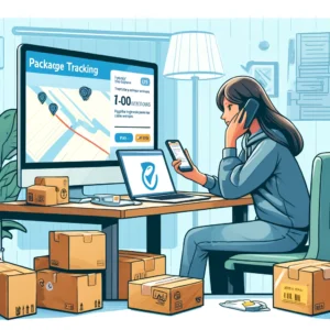 DALL·E 2024 05 04 06.55.54 A digital illustration for a blog about handling missing packages from AliExpress. The image shows a frustrated yet calm customer checking the trackin 1