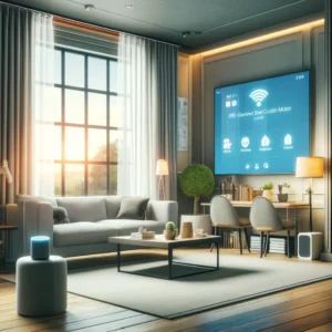DALL·E 2024 05 04 07.28.36 A digital illustration for a blog about the 6th Generation Tuya Smart ZigBee Curtain Motor. The image should depict a modern living room with large wi 1