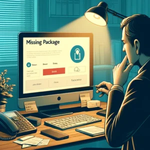 DALL·E 2024 05 04 08.13.35 A digital illustration for a blog about handling missing package issues. The image should depict a concerned customer looking at a computer screen wh 1
