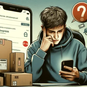 DALL·E 2024 05 04 08.24.03 A digital illustration for a blog about dealing with missing packages from AliExpress. The image should depict a person checking their phone possibly 1
